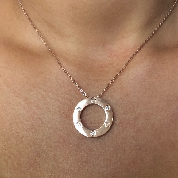 Screw Circle Zirconia Rose Gold Pendant Necklace - Picture 2 of 11